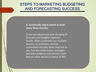 STEPS TO MARKETING BUDGETING
AND FORECASTING SUCCESS
3. Continually adjust spend at least
every three months.
Continual ad...