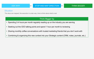 Key Consideration
1 Onsite/Remote
2 Stakeholder Involvement
3 Agency Interaction
Deliverables
1 Day to Day Needs
2 Month to Month Projects
3 Monthly Program Management
THINK BIGGERASK WHY STOP AND MAP DIRECTION
• Spending 2-4 hours per month regularly reading up on the industry you are serving
• Seeking out the CEO talking points and spend 1 hour per month to reviewing
• Sharing monthly coffee conversations with trusted marketing friends that you don’t work with
• Combining & organizing this new context into your Strategic content (CRM, notes, journals, etc.)
Think Bigger by
The whys are mapped, the execution is under way, time to think about what’s next
Situation
 