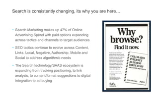Search is consistently changing, its why you are here…
 Search Marketing makes up 47% of Online
Advertising Spend with paid options expanding
across tactics and channels to target audiences
 SEO tactics continue to evolve across Content,
Links, Local, Negative, Authorship, Mobile and
Social to address algorithmic needs
 The Search technology/SAAS ecosystem is
expanding from tracking positioning, to link
analysis, to content/format suggestions to digital
integration to ad buying
 