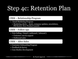By Piyush Aggarwal
Step 4c: Retention Plan
CRM – Relationship Program
•  Email Marketing Program
•  Marketing Alerts – deals, company updates, newsletters,
PR Stories, New Product Launch
CRM – Follow ups
•  Tele Calling / Email ( outbound / inbound )
•  Customer care & support
•  Outbound sales
CRM – After Sales
•  Customer Onboarding Program
•  Feedback & Survey
•  Case Studies Development
 