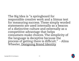 The Big Idea is "a springboard for
       responsible creative work and a litmus test
       for measuring success. These simply worded
       statements are used internally as a beacon
       of a distinctive culture and externally as a
       competitive advantage that helps
       consumers make choices. The simplicity of
       the language is deceptive because the
       process of getting there is difﬁcult." - Alina
       Wheeler, Designing Brand Identity


Copyright © 2011 by IQ Agency   11
 
