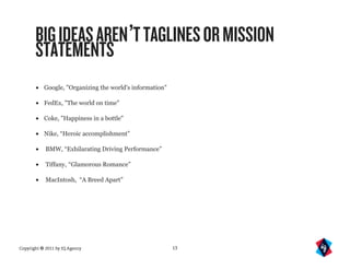 BIG IDEAS AREN’T TAGLINES OR MISSION
       STATEMENTS
       •   Google, "Organizing the world's information"

       •   FedEx, "The world on time"

       •   Coke, "Happiness in a bottle"

       •   Nike, “Heroic accomplishment”

       •    BMW, “Exhilarating Driving Performance”

       •    Tiffany, “Glamorous Romance”

       •    MacIntosh, “A Breed Apart”




Copyright © 2011 by IQ Agency                             13
 