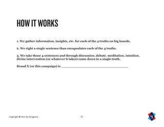 HOW IT WORKS
       1. We gather information, insights, etc. for each of the 4 truths on big boards.

       2. We right a single sentence than encapsulates each of the 4 truths.

       3. We take those 4 sentences and through discussion, debate, meditation, intuition,
       divine intervention (or whatever it takes) come down to a single truth.

       Brand X (or this campaign) is _________________________________




Copyright © 2011 by IQ Agency                       21
 