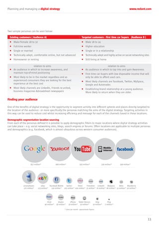 Planning and managing a digital strategy www.redant.com
11
Two sample personas can be seen below:
Finding your audience
One of the benefits of digital strategy is the opportunity to segment activity into different spheres and places directly targeted to
the location of the audience - or more specifically the personas matching the aims of the digital strategy. Targeting activities in
this way can be used to reduce cost whilst increasing efficiency and message for each of the channels based in these locations.
Demographic segmentation location sourcing
From each of the personas defined it is possible to apply demographic filters to major locations where digital strategy activities
can take place – e.g. social networking sites, blogs, search engines or forums. Often locations are applicable to multiple personas
and demographics (e.g. Facebook, which is almost ubiquitous across western consumer audiences).
657 million*
* Users per month - approximate Figures
600 million* 593 million* 530 million*
Mobile
Internet
smartphones
270 million*
ebay
223 million*
Facebook Mobile
150 million*
Mobile
twitter
105 million*
Orkut
100 million*
Blackberry
50 million*
Friendster
75 million*
LinkedIn
70 million*
MySpace
66 million*
Bebo
52 million*
Flickr
40 million*
Viadeo
30 million*
iPhone
29 million*
Tablet Devices
19 million*
Xing
10 million*
Ping
2 million*
500 million*
Existing customers ( Audience A)
• Male/Female 18 to 32
• Full-time worker
• Single or married
• Technically adept, comfortable online, but not advanced
• Homeowner or renting
• An audience in which to increase awareness, and
maintain top-of-mind positioning
• Most likely to be in the market regardless and as
experienced consumers they are looking for the best
experience at the best cost
• Most likely channels are LinkedIn, Friends re-united,
business magazines &broadsheet newspapers
Targeted customers - First time car buyers (Audience B )
• Male 18 to 24
• Higher education
• Single or in a relationship
• Technically adept and highly active on social networking sites
• Still living at home
• An audience in which to tap into and gain Awareness
• First time car buyers with low disposable income that will
only be able to afford used cars.
• Most likely channels are Facebook, Twitter, MySpace,
Google and Autotrader.
• Establishing brand relationship at a young audience.
More likely to return when they are older.
relation to aims relation to aims
 