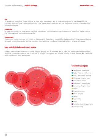 Planning and managing a digital strategy www.redant.com
20
Use
To achieve the aims of the digital strategy, at some point the audience will be expected to use one of the tools within the
campaign, hopefully repetitively. Use should not raise the barrier of conversion, e.g. the user being forced to expend excessive
time and/or money.
Conversion
An idea that reaches the conversion stage of the engagement path will be meeting the short term aims of the digital strategy,
e.g. making a single purchase through a site.
Engagement
Engagement involves entering into long term dialogue with the audience over an idea. Ideas that reach the engagement stage
can result in repeat conversion and the transition of the audience from being inactive participants to active advocates.
Idea and digital channel touch points
For each idea there will be a digital channel through which it will be delivered. Not all ideas and channels will touch upon all
audiences, and some audiences may be reached by multiple touch points. For a digital strategy to work, however, each audience
must have a touch point within reach.
Location Examples
TV – National and Regional
Radio – National and Regional
Press – National and Regional
Magazines – Targeted Titles
Point of Sale – Instore
Experiential – Events/Shows
Exhibitions – Targeted Titles
Mobile
Display Advertising
Search (Google)
Twitter
Forum/Blogs
Email
Social (Facebook/MySpace/Bebo)
Video (YouTube)
 