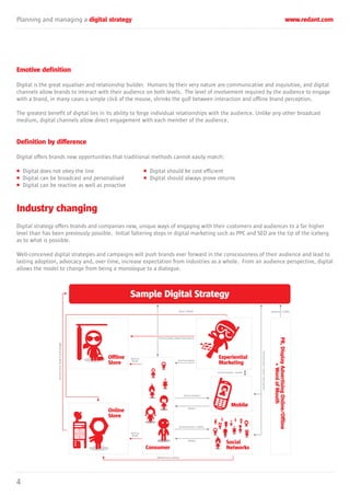 Planning and managing a digital strategy www.redant.com
4
Emotive definition
Digital is the great equaliser and relationship builder. Humans by their very nature are communicative and inquisitive, and digital
channels allow brands to interact with their audience on both levels. The level of involvement required by the audience to engage
with a brand, in many cases a simple click of the mouse, shrinks the gulf between interaction and offline brand perception.
The greatest benefit of digital lies in its ability to forge individual relationships with the audience. Unlike any other broadcast
medium, digital channels allow direct engagement with each member of the audience.
Definition by difference
Digital offers brands new opportunities that traditional methods cannot easily match:
• Digital does not obey the line • Digital should be cost efficient
• Digital can be broadcast and personalised • Digital should always prove returns
• Digital can be reactive as well as proactive
Industry changing
Digital strategy offers brands and companies new, unique ways of engaging with their customers and audiences to a far higher
level than has been previously possible. Initial faltering steps in digital marketing such as PPC and SEO are the tip of the iceberg
as to what is possible.
Well-conceived digital strategies and campaigns will push brands ever forward in the consciousness of their audience and lead to
lasting adoption, advocacy and, over time, increase expectation from industries as a whole. From an audience perspective, digital
allows the model to change from being a monologue to a dialogue.
Offline
Store
Online
Store
Sample Digital Strategy
Consumer
Mobile
Social
Networks
Experiential
Marketing
PR,DisplayAdvertisingOnline/Offline
+WordofMouth
(Communication)
(Communication,Assets,DataCapture)
(Assets)
(Assets)
(Drive to
Retail)
(Affiliate Drive to Retail)
(AffiliateDrivetoRetail,DrivetoPortal)
(Drive to
Retail)
(Drive to Retail)
(Communication)
(Communication + Assets)
(Communication+Assets+DataCapture)
(Communication + Assets)
(Awareness, Traffic)
 