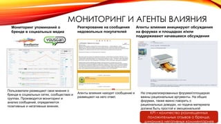 Мониторинг упоминаний о
бренде в социальных медиа
Пользователи размещают свои мнения о
бренде в социальных сетях, сообществах и
группах. Производится мониторинг и
анализ сообщений, определяются
позитивные и негативные мнения.
Реагирование на сообщения
недовольных покупателей
Агенты влияния находят сообщение и
размещают на него ответ.
МОНИТОРИНГ И АГЕНТЫ ВЛИЯНИЯ
Агенты влияния инициируют обсуждения
на форумах и площадках и/или
поддерживают начавшееся обсуждения
На специализированных форумахплощадках
важны рациональные аргументы. На общих
форумах, также важно говорить о
рациональных доводах, но подача материала
должна быть простой и эмоциональной
KPI – количество размещенных
положительных отзывов о бренде,
динамика негативных комментариев
 