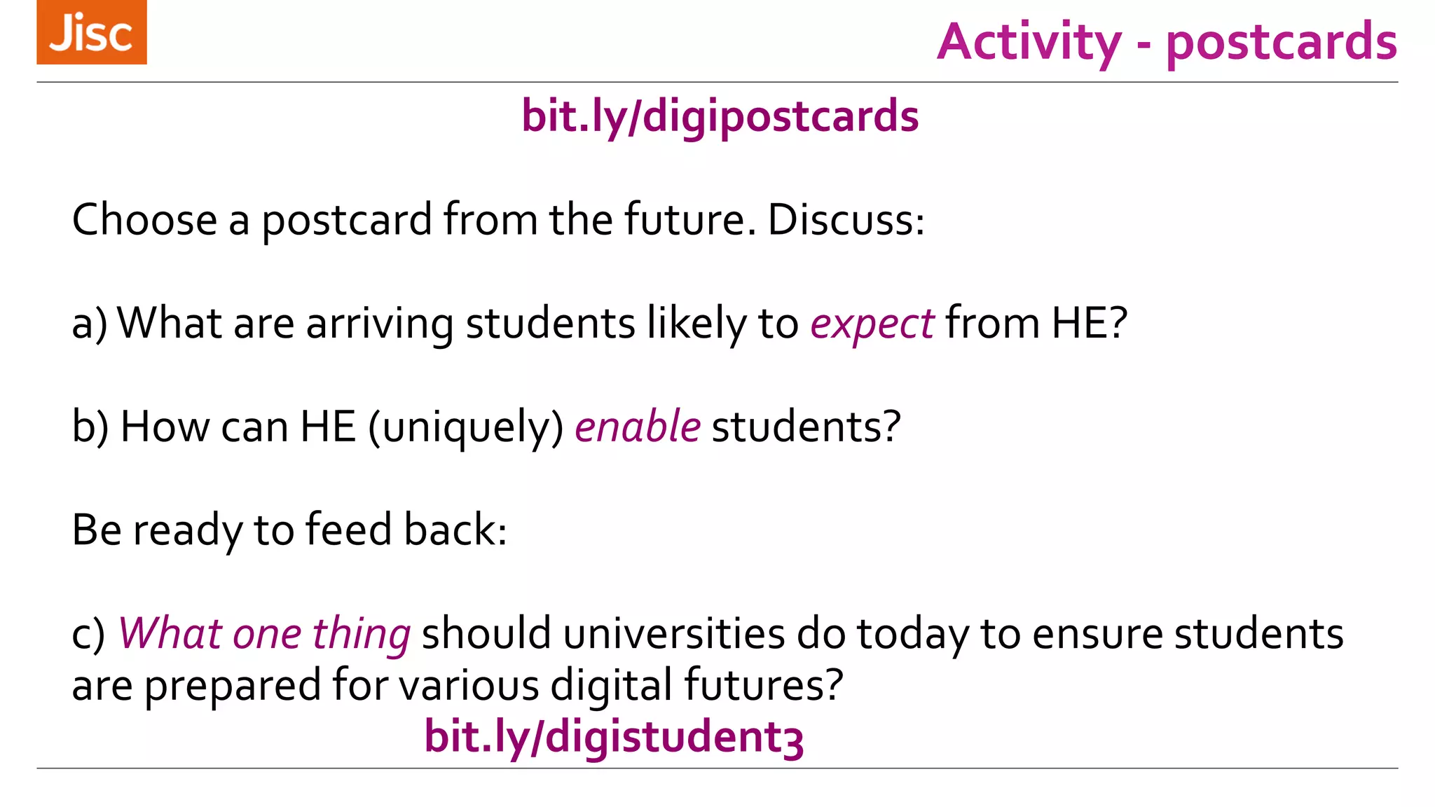 bit.ly/digipostcards 
Choose a postcard from the future. Discuss: 
a) What are arriving students likely to expect from HE? 
b) How can HE (uniquely) enable students? 
Be ready to feed back: 
c) What one thing should universities do today to ensure students 
are prepared for various digital futures? 
bit.ly/digistudent3 
Activity - postcards 
 