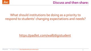 Discuss and then share:
What should institutions be doing as a priority to
respond to students' changing expectations and needs?
1726/03/2014 Jisc Digital Student http://digitalstudent.jiscinvolve.org.uk
https://padlet.com/wall/digistudent
 