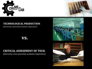 Applied media theory




TECHNOLOGICAL PRODUCTION
(driven by a powerful economic imperative)




                      vs....