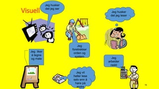 Læringsstiler 16
Visuell
Jeg husker
det jeg ser
Jeg husker
det jeg leser
Jeg liker
å tegne
og male
Jeg
foretrekker
orden og
system
Jeg vil
heller lese
selv enn å
høre på
andre
Jeg
arbeider
raskt
 