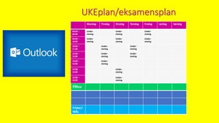UKEplan/eksamensplan
Mandag Tirsdag Onsdag Torsdag Fredag Lørdag Søndag
08.00 –
09.00
Under-
visning
Under-
visning
Under-
visning
09.00 –
10.00
Under-
visning
Under-
visning
Under-
visning
10.00 –
11.00
Under-
visning
Under-
visning
12.00 –
13.00
Under-
visning
Under-
visning
13.00 –
14.00
Under-
visning
14.00-
15.00
Under-
visning
15.00 –
16.00
Under-
visning
FRItid
Frister/
MÅL
 