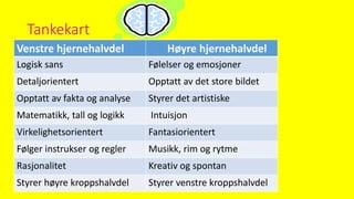 Tankekart
Venstre hjernehalvdel Høyre hjernehalvdel
Logisk sans Følelser og emosjoner
Detaljorientert Opptatt av det store bildet
Opptatt av fakta og analyse Styrer det artistiske
Matematikk, tall og logikk Intuisjon
Virkelighetsorientert Fantasiorientert
Følger instrukser og regler Musikk, rim og rytme
Rasjonalitet Kreativ og spontan
Styrer høyre kroppshalvdel Styrer venstre kroppshalvdel
 