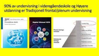 90% av undervisning i videregåendeskole og Høyere
utdanning er Tradisjonell frontal/plenum undervisning
 