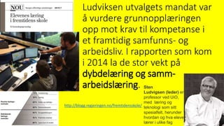 Ludviksen utvalgets mandat var
å vurdere grunnopplæringen
opp mot krav til kompetanse i
et framtidig samfunns- og
arbeidsliv. I rapporten som kom
i 2014 la de stor vekt på
dybdelæring og samm-
arbeidslæring. Sten
Ludvigsen (leder) er
professor ved UiO,
med læring og
teknologi som sitt
spesialfelt, herunder
hvordan og hva elever
lærer i ulike fag
http://blogg.regjeringen.no/fremtidensskole/
 