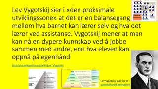 Lev Vygotskij sier i «den proksimale
utviklingssone» at det er en balansegang
mellom hva barnet kan lærer selv og hva det
lærer ved assistanse. Vygotskij mener at man
kan nå en dypere kunnskap ved å jobbe
sammen med andre, enn hva eleven kan
oppnå på egenhånd
Lev Vygotskij står for et
sosiokulturelt læringssyn
http://no.wikipedia.org/wiki/Lev_Vygotskij
 