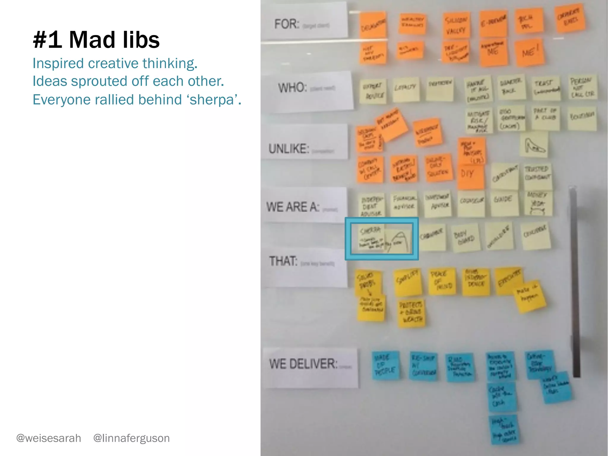 #1 Mad libs
FOR: target customer
WHO NEEDS: service/feature
UNLIKE: alternative/competitor
Entrepreneur
Mobile app
to check up
on $
DIY
investing
@weisesarah @linnaferguson
 