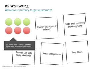 AWer	
  wall	
  voBng,	
  move	
  the	
  
most	
  voted	
  on	
  items	
  to	
  the	
  
top.	
  	
  
	
  
You’ll	
  be	
  able	
  to	
  read	
  the	
  
vision	
  statement	
  across	
  if	
  
they	
  categories	
  are	
  lined	
  up.	
  
 