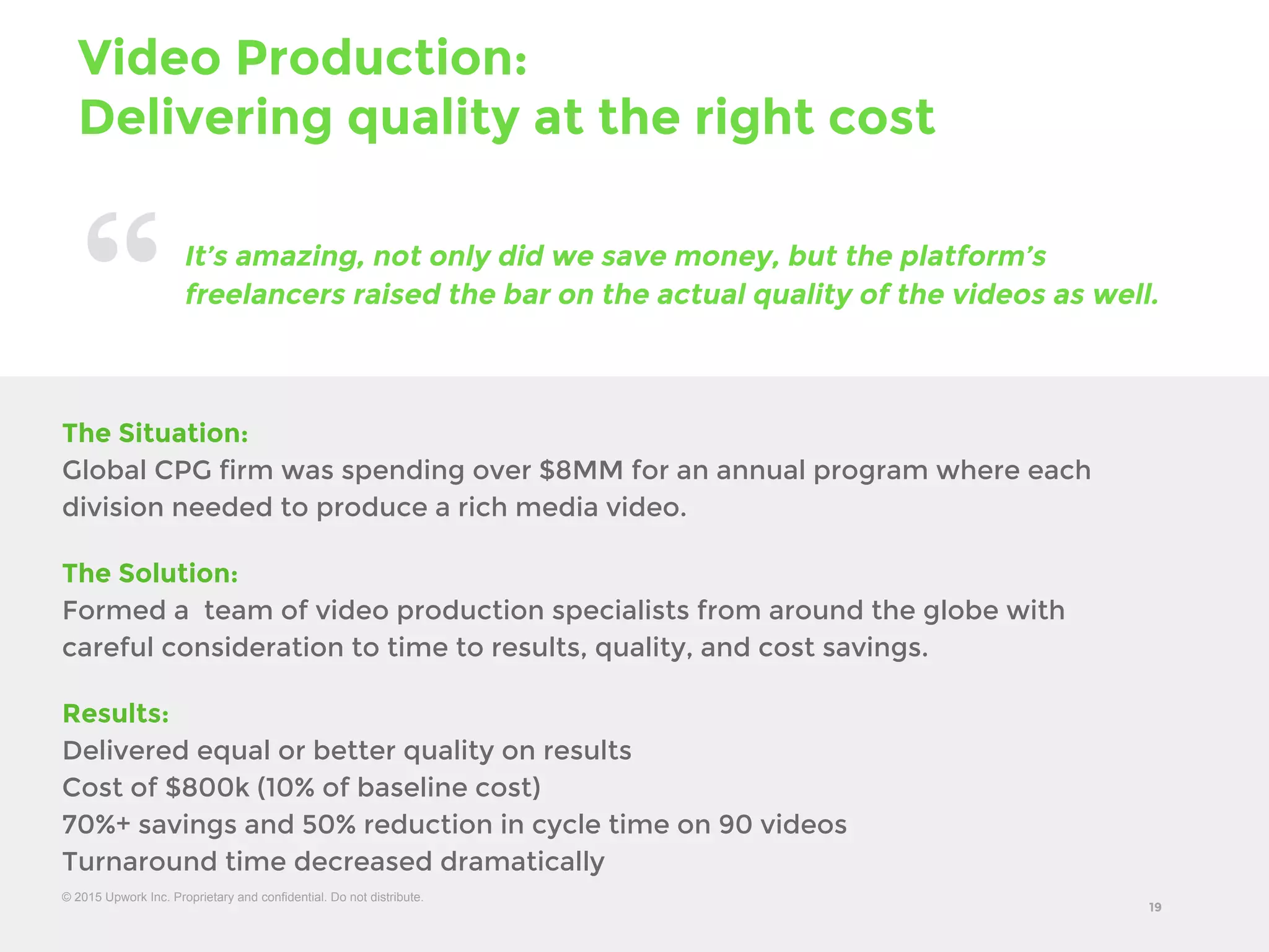 © 2015 Upwork Inc. Proprietary and confidential. Do not distribute.
The Situation:
Global CPG firm was spending over $8MM for an annual program where each division needed to
produce a rich media video.
The Solution:
Formed a team of video production specialists from around the globe with careful consideration
to time to results, quality, and cost savings.
Results:
Delivered equal or better quality on results
Cost of $800k (10% of baseline cost)
70%+ savings and 50% reduction in cycle time on 90 videos
Turnaround time decreased dramatically
19
It’s amazing, not only did we save money, but the platform’s
freelancers raised the bar on the actual quality of the videos as well.
Video Production: Delivering quality at the right cost
 