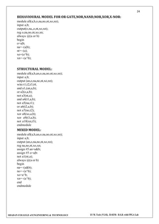 24
SHADAN COLLEGE of ENGINEERING & TECHNOLOGY I/I M. Tech (VLSI), II-SEM: D.S.D. with FPGA Lab
BEHAVIOURAL MODEL FOR OR GATE,NOR,NAND,NOR,XOR,X-NOR:
module all(a,b,o,na,no,nt,xo,xn);
input a,b;
output(o,na,,o,nt,xo,xn);
reg o,na,no,nt,xo,xn;
always @(a or b)
begin
o=a|b;
na=~(a|b);
nt=~(a);
xo=(a^b);
xn=~(a^b);
STRUCTURAL MODEL:
module all(a,b,an,o,na,no,nt,xo,xn);
input a,b;
output (an,o,na,no,nt,xo,xn);
wire t1,t2,t3,t4;
and a1,(an,a,b);
or a2(o,a,b);
not a3(nt,a);
and a4(t1,a,b);
not a5(na,t1);
or a6(t2,a,b);
not a7(no,t2);
xor a8(xo,a,b);
xor a9(t3,a,b);
not a10(xn,t3);
endmodule
MIXED MODEL:
module all(a,b,an,o,na,no,nt,xo,xn);
input a,b;
output (an,o,na,no,nt,xo,xn);
reg na,no,nt,xo,xn;
assign #5 an=a&b;
assign #5 o=a|b:
not a1(nt,a);
always @(a or b)
begin
na=~(a&b);
no=~(a^b);
xo=a^b;
xn=~(a^b);
end
endmodule
 