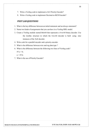 30
SHADAN COLLEGE of ENGINEERING & TECHNOLOGY I/I M. Tech (VLSI), II-SEM: D.S.D. with FPGA Lab
7. Write a Verilog code to implement a 8x3 Priority Encoder?
8. Write a Verilog code to implement Decimal-to-BCD Encoder?
POST LAB QUESTIONS
1. What is the key difference between an initial statement and an always statement?
2. Name two kinds of assignments that you can have in a Verilog HDL model.
3. Create a Verilog module named h6to64 that represents a 6-to-64 binary decoder. Use
the treelike structure in which the 6-to-64 decoder is built using nine
instances of the 3to8 decoder.
4. Write code for a parallel encoder and a priority encoder.
5. What is the difference between wire and reg data type ?
6. What is the difference between the following two lines of Verilog code?
#5 a = b;
a = #5 b;
7. What is the use of Priority Encoder?
 