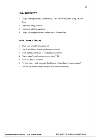 53
SHADAN COLLEGE of ENGINEERING & TECHNOLOGY I/I M. Tech (VLSI), II-SEM: D.S.D. with FPGA Lab
LAB ASSIGNMENT
1. Design and implement a synchronous 3 – bit up/down counter using J-K flip-
flops.
2. Implement a ring counter.
3. Implement a Johnson counter.
4. Design a 4-bit ripple counter and verify its functionality.
POST LAB QUESTIONS
1. What is an asynchronous counter?
2. How is it different from a synchronous counter?
3. What are the advantages of synchronous counters?
4. Design mod-5 synchronous counter using T FF.
5. What is a decade counter?
6. For how many clock pulses the final output of a modulus 8 counter occur?
7. How the up counter can be made to work as down counter?
 