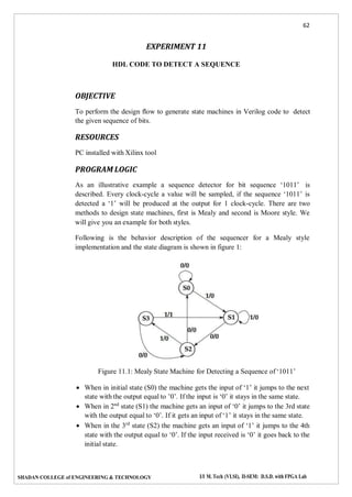 62
SHADAN COLLEGE of ENGINEERING & TECHNOLOGY I/I M. Tech (VLSI), II-SEM: D.S.D. with FPGA Lab
EXPERIMENT 11
HDL CODE TO DETECT A SEQUENCE
OBJECTIVE
To perform the design ﬂow to generate state machines in Verilog code to detect
the given sequence of bits.
RESOURCES
PC installed with Xilinx tool
PROGRAM LOGIC
As an illustrative example a sequence detector for bit sequence ‘1011’ is
described. Every clock-cycle a value will be sampled, if the sequence ‘1011’ is
detected a ‘1’ will be produced at the output for 1 clock-cycle. There are two
methods to design state machines, first is Mealy and second is Moore style. We
will give you an example for both styles.
Following is the behavior description of the sequencer for a Mealy style
implementation and the state diagram is shown in figure 1:
Figure 11.1: Mealy State Machine for Detecting a Sequence of ‘1011’
 When in initial state (S0) the machine gets the input of ‘1’ it jumps to the next
state with the output equal to ’0’. If the input is ‘0’ it stays in the same state.
 When in 2nd
state (S1) the machine gets an input of ‘0’ it jumps to the 3rd state
with the output equal to ‘0’. If it gets an input of ‘1’ it stays in the same state.
 When in the 3rd
state (S2) the machine gets an input of ‘1’ it jumps to the 4th
state with the output equal to ‘0’. If the input received is ‘0’ it goes back to the
initial state.
 
