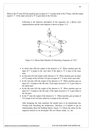 63
SHADAN COLLEGE of ENGINEERING & TECHNOLOGY I/I M. Tech (VLSI), II-SEM: D.S.D. with FPGA Lab
When in the 4th
state (S3) the machine gets an input of ‘1’ it jumps back to the 2nd
state, with the output
equal to ‘1’. If the input received is ‘0’ it goes back to the 3rd state.
Following is the behavior description of the sequencer for a Moore style
implementation and the state diagram is shown in figure 11.2:
Figure 11.2: Moore State Machine for Detecting a Sequence of ‘1011’
 In initial state (S0) the output of the detector is ‘0’. When machine gets the
input of‘1’ it jumps to the next state. If the input is ‘0’ it stays in the same
state.
 In 2nd state (S1) the output of the detector is ‘0’. When machine gets an input
of ‘0’it jumps to the 3rd state. If it gets an input of ‘1’ it stays in the same state.
 In the 3rd state (S2) the output of the detector is ‘0’. When machine gets an
input of‘1’ it jumps to the 4th state. If the input received is ‘0’ it goes back to
the initial state.
 In the 4th state (S3) the output of the detector is ‘0’. When machine gets an
input of‘1’ it jumps to the 5th state. If the input received is ‘0’ it goes back to
the 3rd state.
 In the 5th
state the output of the detector is ‘1’. When machine gets an input of
‘0’it jumps to the 3rd state, otherwise it jumps to the 2nd state.
After designing the state machines the models have to be transformed into
Verilog code describing the architecture. Therefore, it is helpful to get an
understanding about the building blocks. Figure 11.3 shows the entity for the
sequence detector to be developed. The two blocks inside, i.e., the
 