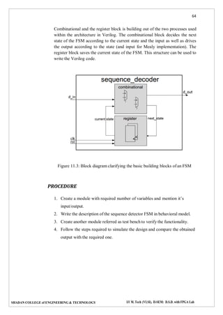 64
SHADAN COLLEGE of ENGINEERING & TECHNOLOGY I/I M. Tech (VLSI), II-SEM: D.S.D. with FPGA Lab
Combinational and the register block is building out of the two processes used
within the architecture in Verilog. The combinational block decides the next
state of the FSM according to the current state and the input as well as drives
the output according to the state (and input for Mealy implementation). The
register block saves the current state of the FSM. This structure can be used to
write the Verilog code.
Figure 11.3: Block diagram clarifying the basic building blocks of an FSM
PROCEDURE
1. Create a module with required number of variables and mention it’s
input/output.
2. Write the description of the sequence detector FSM in behavioral model.
3. Create another module referred as test bench to verify the functionality.
4. Follow the steps required to simulate the design and compare the obtained
output with the required one.
 