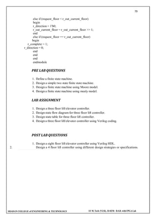 79
SHADAN COLLEGE of ENGINEERING & TECHNOLOGY I/I M. Tech (VLSI), II-SEM: D.S.D. with FPGA Lab
else if (request_floor < r_out_current_floor)
begin
r_direction = 1'b0;
r_out_current_floor = r_out_current_floor >> 1;
end
else if (request_floor == r_out_current_floor)
begin
r_complete = 1;
r_direction = 0;
end
end
end
endmodule
PRE LAB QUESTIONS
1. Define a finite state machine.
2. Design a simple two state finite state machine.
3. Design a finite state machine using Moore model.
4. Design a finite state machine using mealy model.
LAB ASSIGNMENT
1. Design a three floor lift/elevator controller.
2. Design state flow diagram for three floor lift controller.
3. Design state table for three floor lift controller.
4. Design a three floor lift/elevator controller using Verilog coding.
POST LAB QUESTIONS
1. Design a eight floor lift/elevator controller using Verilog HDL.
2. Design a 4 floor lift controller using different design strategies or specifications.
 