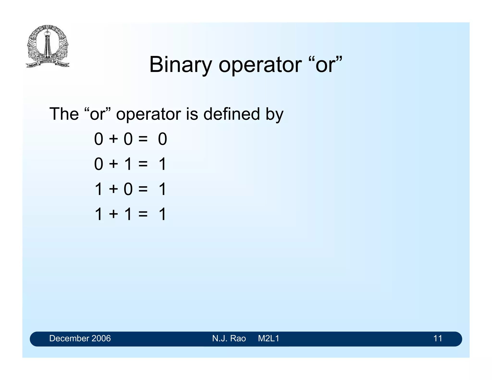 December 2006 N.J. Rao M2L1 11
Binary operator “or”
The “or” operator is defined by
0 + 0 = 0
0 + 1 = 1
1 + 0 = 1
1 + 1 = 1
 