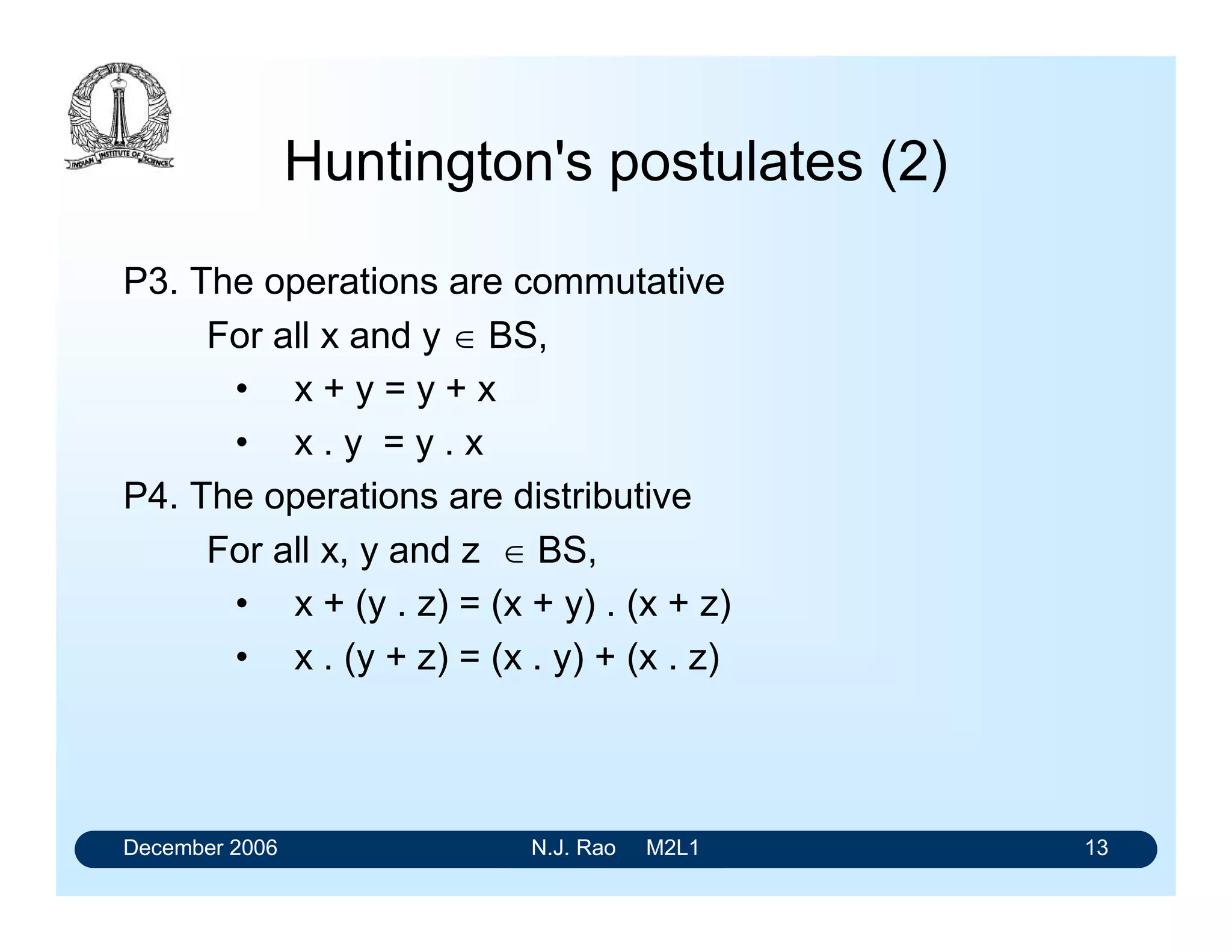 December 2006 N.J. Rao M2L1 13
Huntington's postulates (2)
P3. The operations are commutative
For all x and y  BS,
• x + y = y + x
• x . y = y . x
P4. The operations are distributive
For all x, y and z  BS,
• x + (y . z) = (x + y) . (x + z)
• x . (y + z) = (x . y) + (x . z)
 