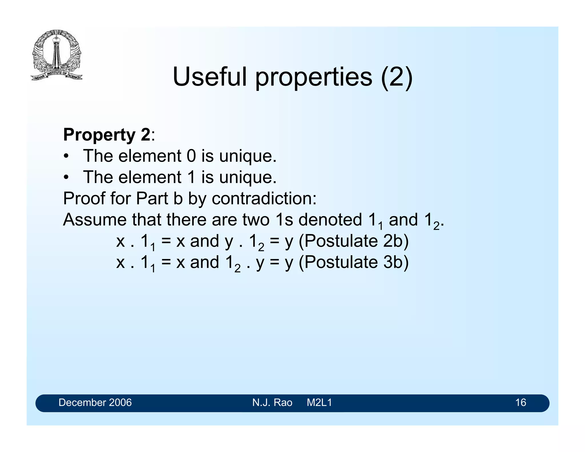 December 2006 N.J. Rao M2L1 16
Useful properties (2)
Property 2:
• The element 0 is unique.
• The element 1 is unique.
Proof for Part b by contradiction:
Assume that there are two 1s denoted 11 and 12.
x . 11 = x and y . 12 = y (Postulate 2b)
x . 11 = x and 12 . y = y (Postulate 3b)
 