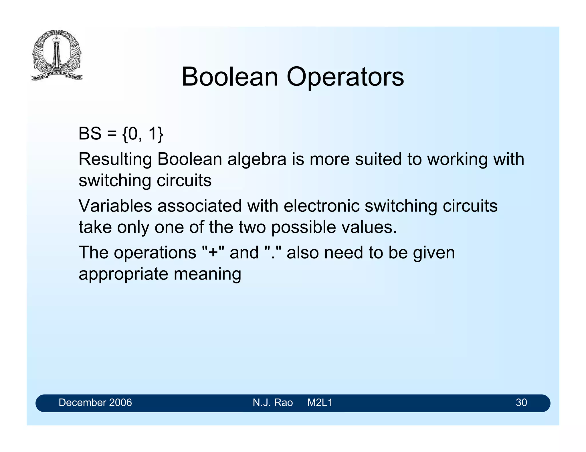 December 2006 N.J. Rao M2L1 30
Boolean Operators
BS = {0, 1}
Resulting Boolean algebra is more suited to working with
switching circuits
Variables associated with electronic switching circuits
take only one of the two possible values.
The operations "+" and "." also need to be given
appropriate meaning
 