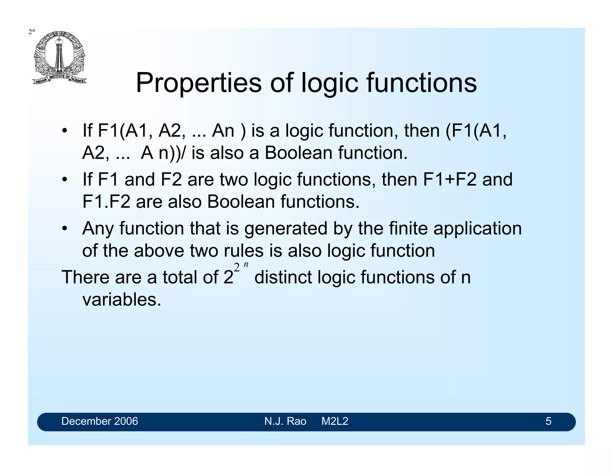 December 2006 N.J. Rao M2L2 5
Properties of logic functions
• If F1(A1, A2, ... An ) is a logic function, then (F1(A1,
A2, ... A n))/ is also a Boolean function.
• If F1 and F2 are two logic functions, then F1+F2 and
F1.F2 are also Boolean functions.
• Any function that is generated by the finite application
of the above two rules is also logic function
There are a total of 2 distinct logic functions of n
variables.
2n
2 n
 