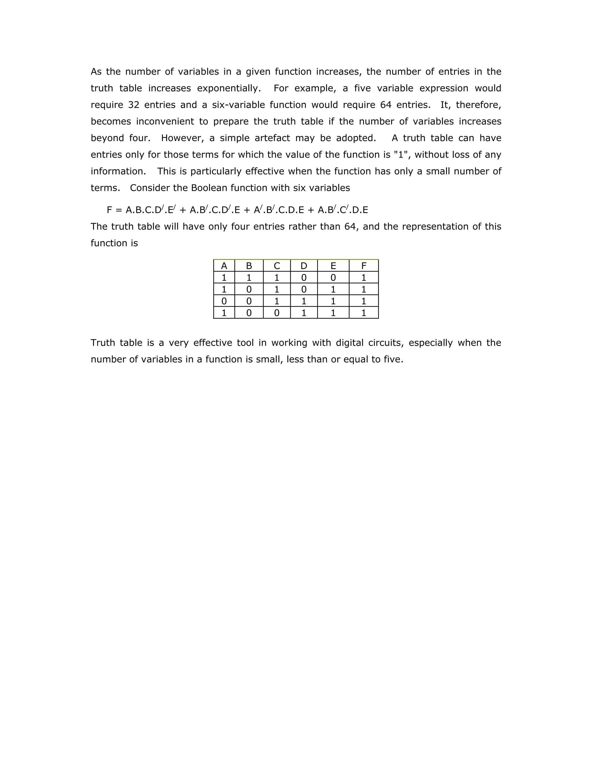 As the number of variables in a given function increases, the number of entries in the
truth table increases exponentially. For example, a five variable expression would
require 32 entries and a six-variable function would require 64 entries. It, therefore,
becomes inconvenient to prepare the truth table if the number of variables increases
beyond four. However, a simple artefact may be adopted. A truth table can have
entries only for those terms for which the value of the function is "1", without loss of any
information. This is particularly effective when the function has only a small number of
terms. Consider the Boolean function with six variables
F = A.B.C.D/
.E/
+ A.B/
.C.D/
.E + A/
.B/
.C.D.E + A.B/
.C/
.D.E
The truth table will have only four entries rather than 64, and the representation of this
function is
A B C D E F
1 1 1 0 0 1
1 0 1 0 1 1
0 0 1 1 1 1
1 0 0 1 1 1
Truth table is a very effective tool in working with digital circuits, especially when the
number of variables in a function is small, less than or equal to five.
 