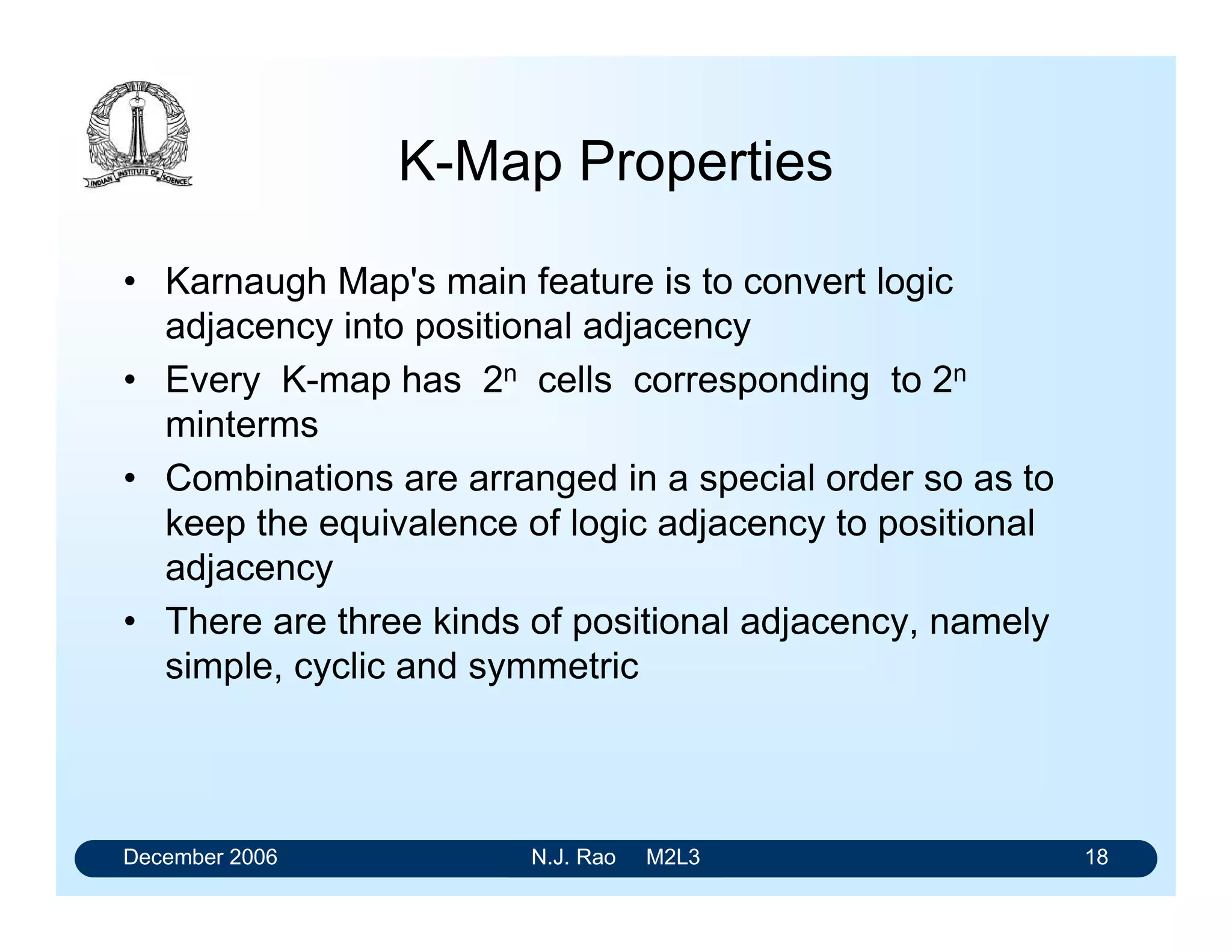 December 2006 N.J. Rao M2L3 18
K-Map Properties
• Karnaugh Map's main feature is to convert logic
adjacency into positional adjacency
• Every K-map has 2n cells corresponding to 2n
minterms
• Combinations are arranged in a special order so as to
keep the equivalence of logic adjacency to positional
adjacency
• There are three kinds of positional adjacency, namely
simple, cyclic and symmetric
 