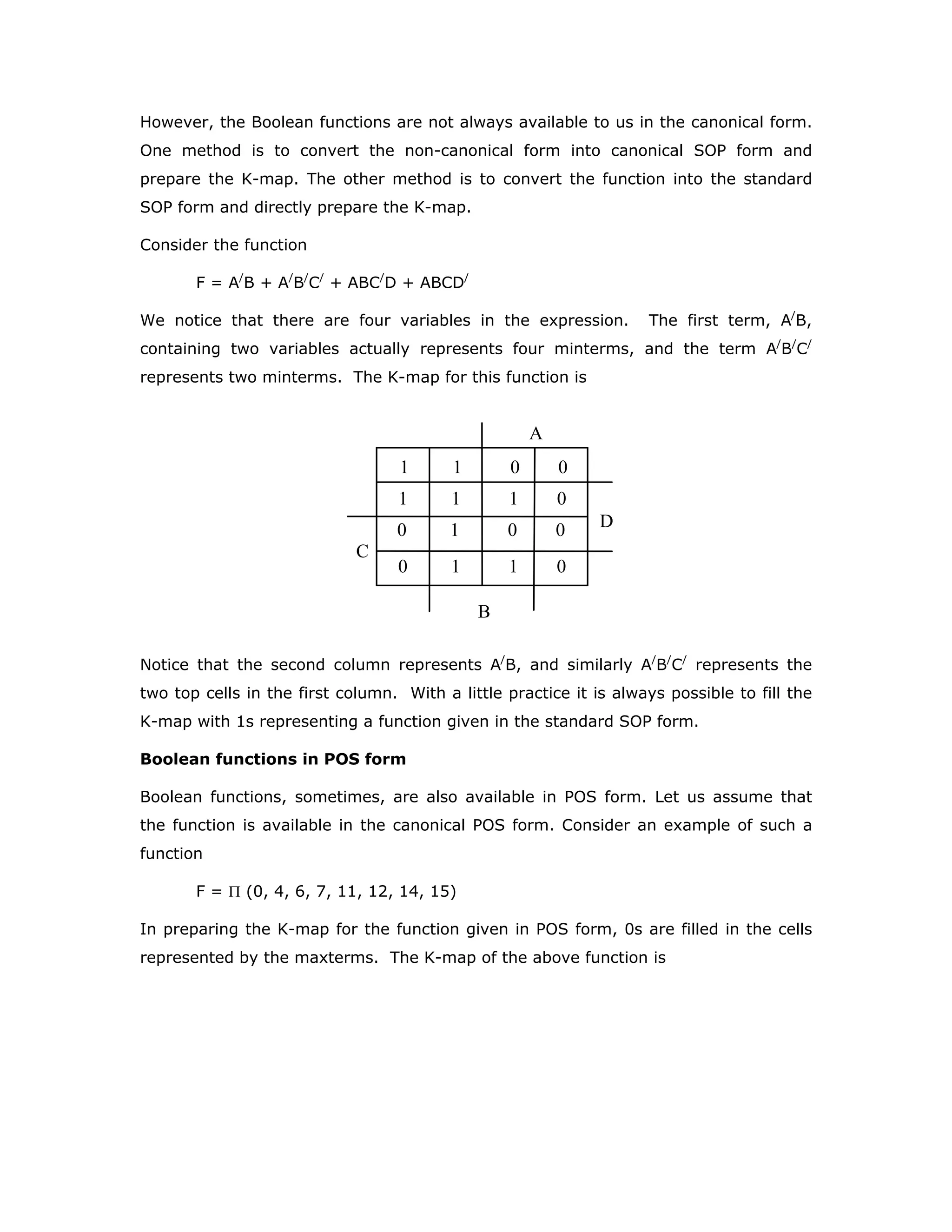 However, the Boolean functions are not always available to us in the canonical form.
One method is to convert the non-canonical form into canonical SOP form and
prepare the K-map. The other method is to convert the function into the standard
SOP form and directly prepare the K-map.
Consider the function
F = A/
B + A/
B/
C/
+ ABC/
D + ABCD/
We notice that there are four variables in the expression. The first term, A/
B,
containing two variables actually represents four minterms, and the term A/
B/
C/
represents two minterms. The K-map for this function is
A
D
B
C
1 1 0 0
1 1 1 0
0 1 0 0
0 1 1 0
Notice that the second column represents A/
B, and similarly A/
B/
C/
represents the
two top cells in the first column. With a little practice it is always possible to fill the
K-map with 1s representing a function given in the standard SOP form.
Boolean functions in POS form
Boolean functions, sometimes, are also available in POS form. Let us assume that
the function is available in the canonical POS form. Consider an example of such a
function
F = Π (0, 4, 6, 7, 11, 12, 14, 15)
In preparing the K-map for the function given in POS form, 0s are filled in the cells
represented by the maxterms. The K-map of the above function is
 