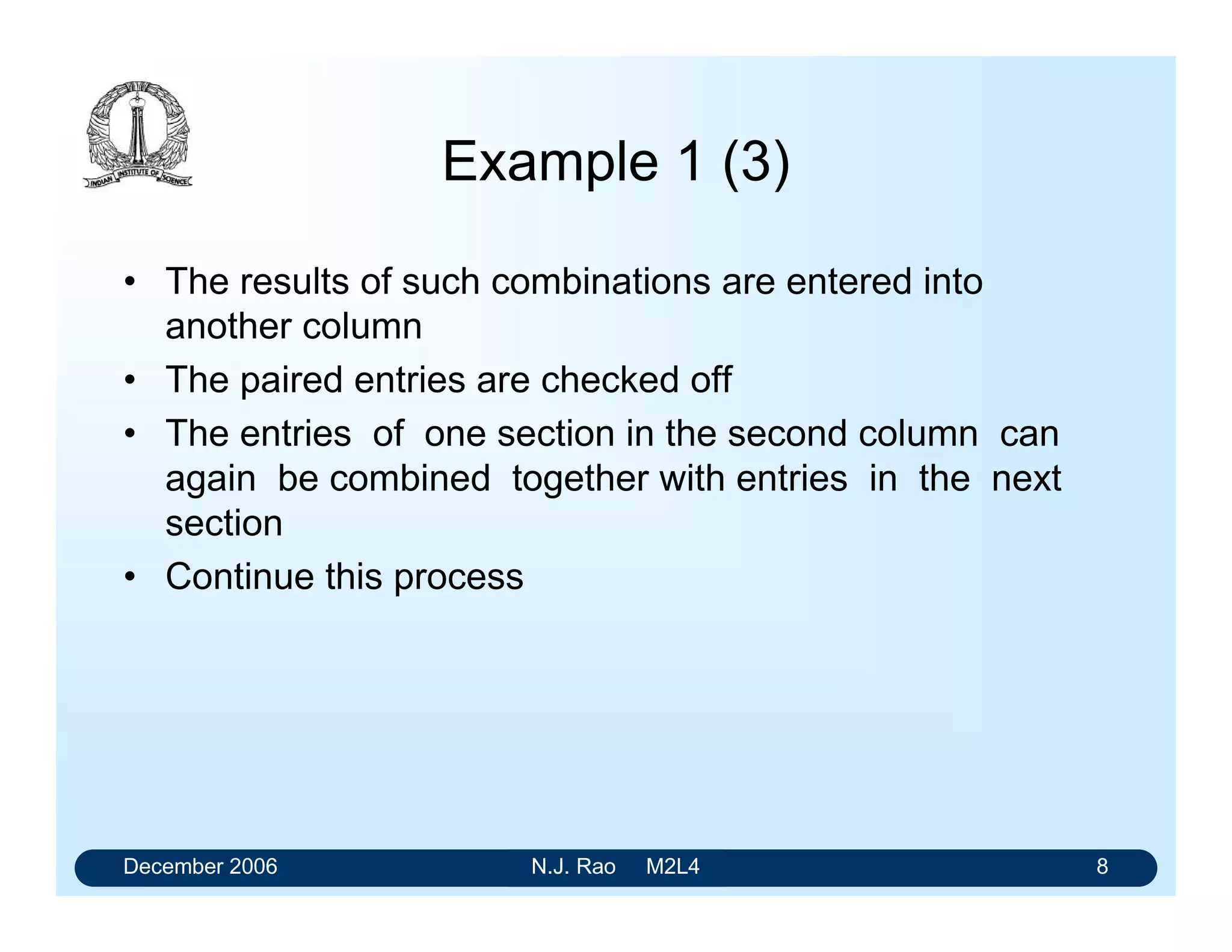 December 2006 N.J. Rao M2L4 8
Example 1 (3)
• The results of such combinations are entered into
another column
• The paired entries are checked off
• The entries of one section in the second column can
again be combined together with entries in the next
section
• Continue this process
 