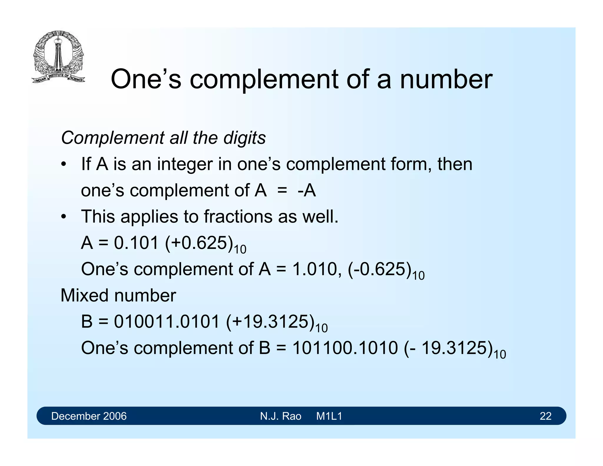 December 2006 N.J. Rao M1L1 22
One’s complement of a number
Complement all the digits
• If A is an integer in one’s complement form, then
one’s complement of A = -A
• This applies to fractions as well.
A = 0.101 (+0.625)10
One’s complement of A = 1.010, (-0.625)10
Mixed number
B = 010011.0101 (+19.3125)10
One’s complement of B = 101100.1010 (- 19.3125)10
 