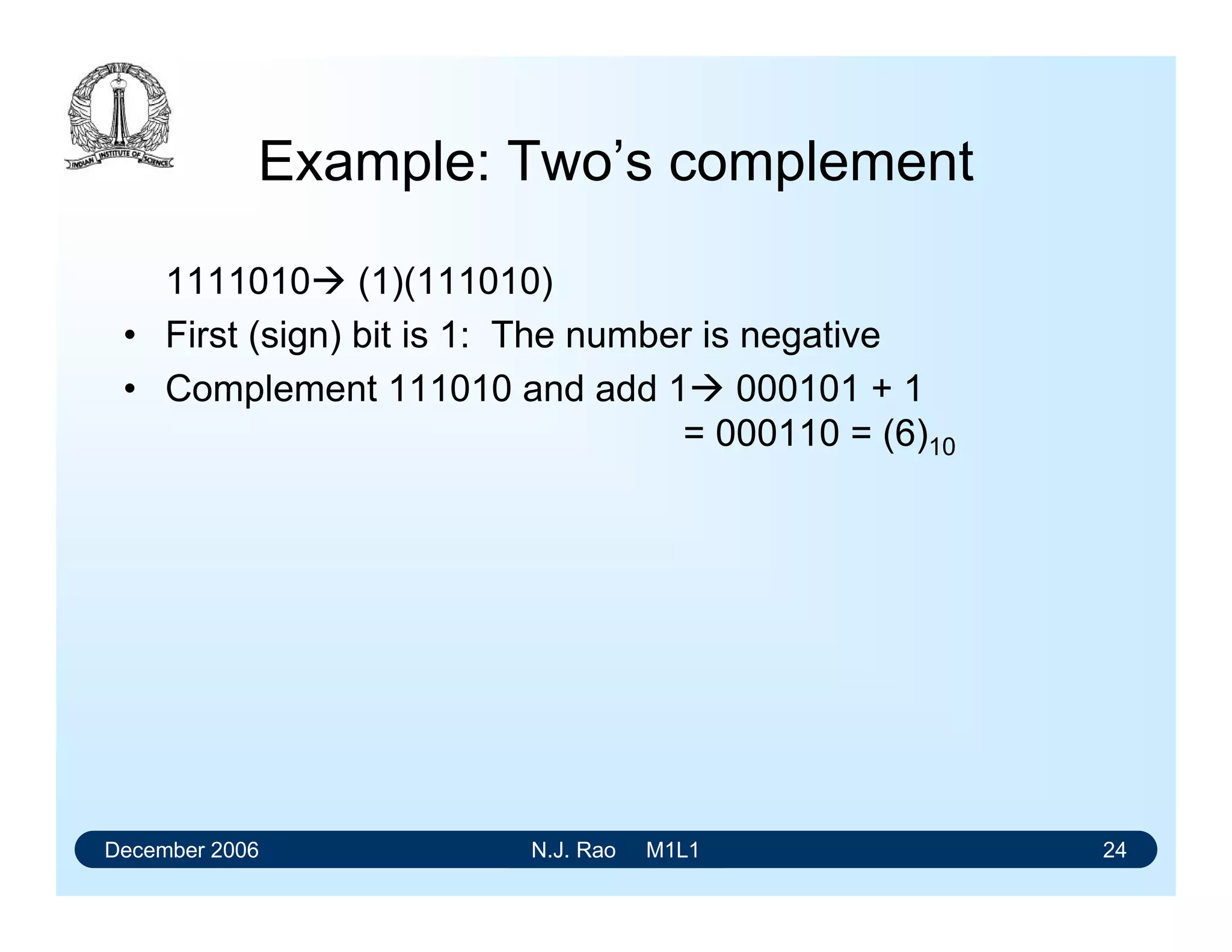 December 2006 N.J. Rao M1L1 24
Example: Two’s complement
1111010 (1)(111010)
• First (sign) bit is 1: The number is negative
• Complement 111010 and add 1 000101 + 1
= 000110 = (6)10
 
