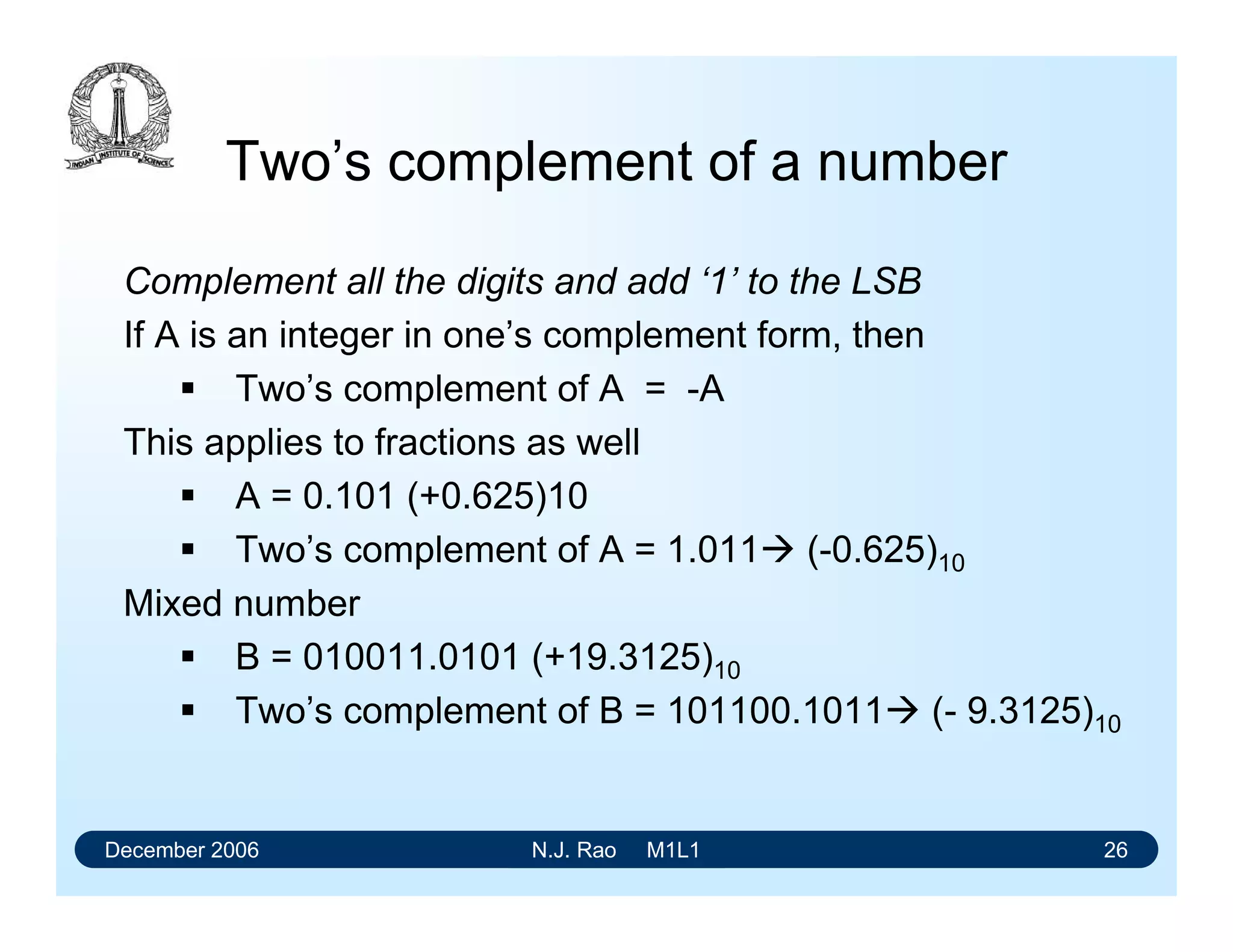 December 2006 N.J. Rao M1L1 26
Two’s complement of a number
Complement all the digits and add ‘1’ to the LSB
If A is an integer in one’s complement form, then
 Two’s complement of A = -A
This applies to fractions as well
 A = 0.101 (+0.625)10
 Two’s complement of A = 1.011 (-0.625)10
Mixed number
 B = 010011.0101 (+19.3125)10
 Two’s complement of B = 101100.1011 (- 9.3125)10
 