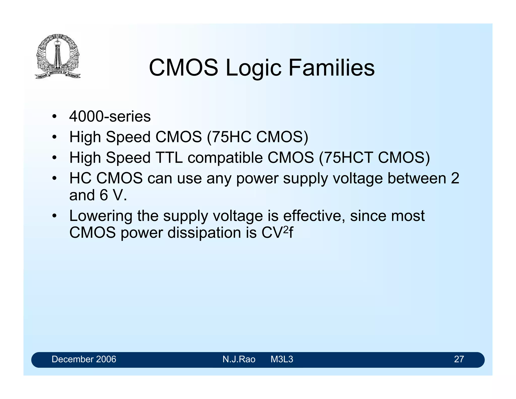 December 2006 N.J.Rao M3L3 23
CMOS Input and Output Structures
• CMOS family offers a Hex inverter with Schmitt inputs
(74HC14).
• It offers a hysterisis of 1.5 V when operated at 5 V.
 