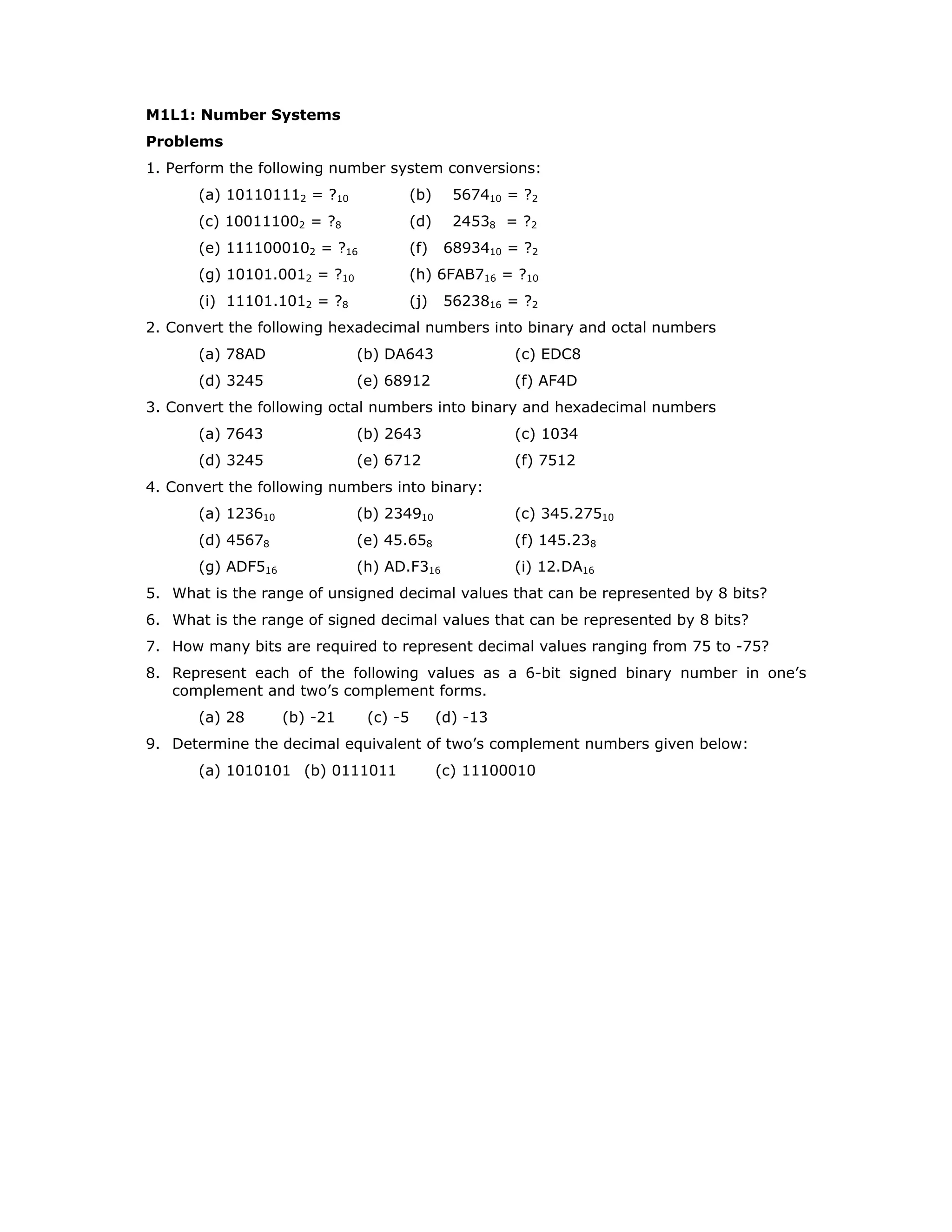 M1L1: Number Systems
Problems
1. Perform the following number system conversions:
(a) 101101112 = ?10 (b) 567410 = ?2
(c) 100111002 = ?8 (d) 24538 = ?2
(e) 1111000102 = ?16 (f) 6893410 = ?2
(g) 10101.0012 = ?10 (h) 6FAB716 = ?10
(i) 11101.1012 = ?8 (j) 5623816 = ?2
2. Convert the following hexadecimal numbers into binary and octal numbers
(a) 78AD (b) DA643 (c) EDC8
(d) 3245 (e) 68912 (f) AF4D
3. Convert the following octal numbers into binary and hexadecimal numbers
(a) 7643 (b) 2643 (c) 1034
(d) 3245 (e) 6712 (f) 7512
4. Convert the following numbers into binary:
(a) 123610 (b) 234910 (c) 345.27510
(d) 45678 (e) 45.658 (f) 145.238
(g) ADF516 (h) AD.F316 (i) 12.DA16
5. What is the range of unsigned decimal values that can be represented by 8 bits?
6. What is the range of signed decimal values that can be represented by 8 bits?
7. How many bits are required to represent decimal values ranging from 75 to -75?
8. Represent each of the following values as a 6-bit signed binary number in one’s
complement and two’s complement forms.
(a) 28 (b) -21 (c) -5 (d) -13
9. Determine the decimal equivalent of two’s complement numbers given below:
(a) 1010101 (b) 0111011 (c) 11100010
 
