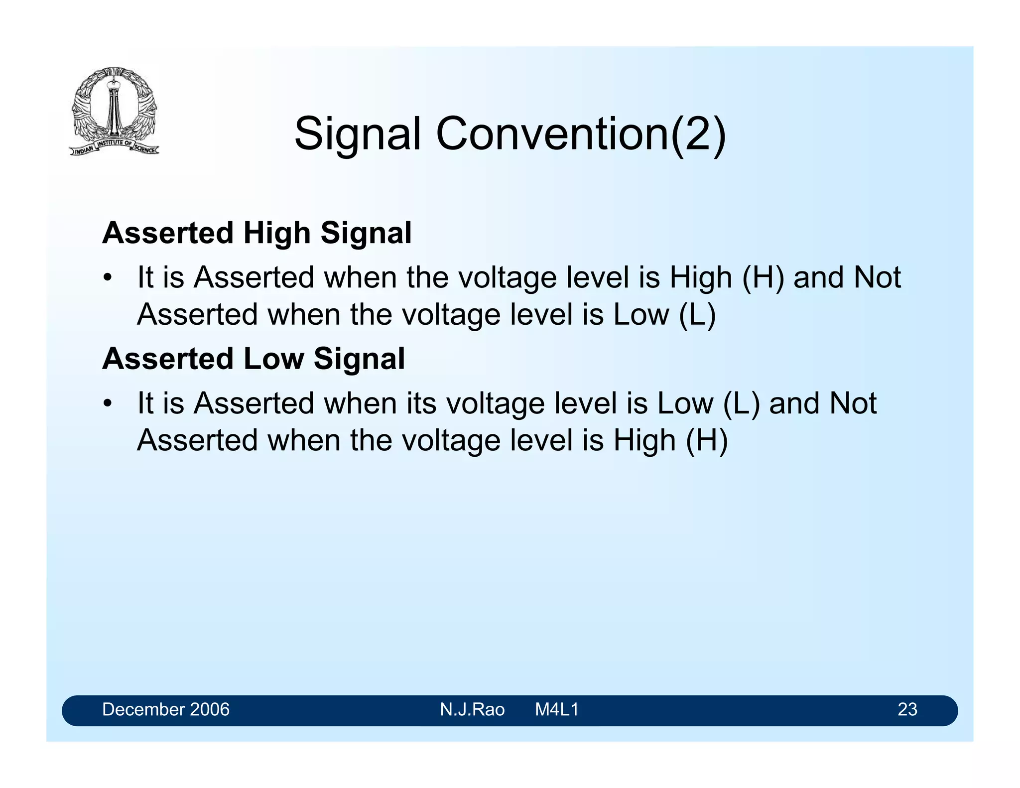 December 2006 N.J.Rao M4L1 19
Interpretation of Truth Table
• Entry 0: The variable Not Asserted
• Entry 1: The variable Asserted
A B X
0 0 1
0 1 0
1 0 0
1 1 0
Read the first entry as
X is Asserted when A AND B are Not Asserted or
X is Asserted when A is Not Asserted AND B is Not
Asserted.
 