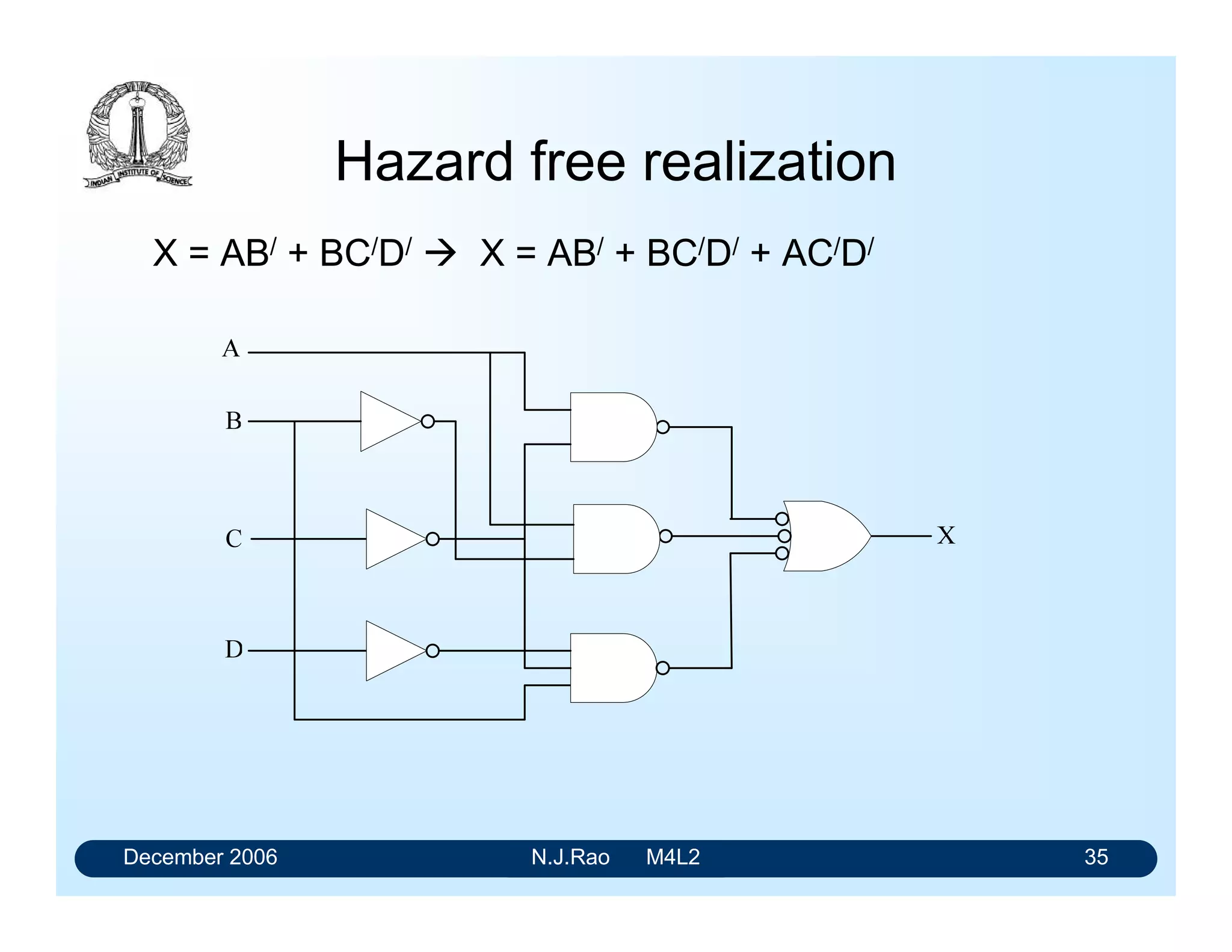 December 2006 N.J.Rao M4L2 31
Types of Hazards
• Static-1 hazard: When the output is expected to
remain in state 1 as per the steady state analysis it
makes a brief transition to 0
• Static-0 hazard: When the output is expected to
remain in state 0 as per the steady state analysis it it
makes a brief transition to 1.
• Dynamic hazard: When the output is supposed to
change from 0 to 1 (or 1 to 0), the circuit may go
through three or more transients to produce more
than one glitch
 