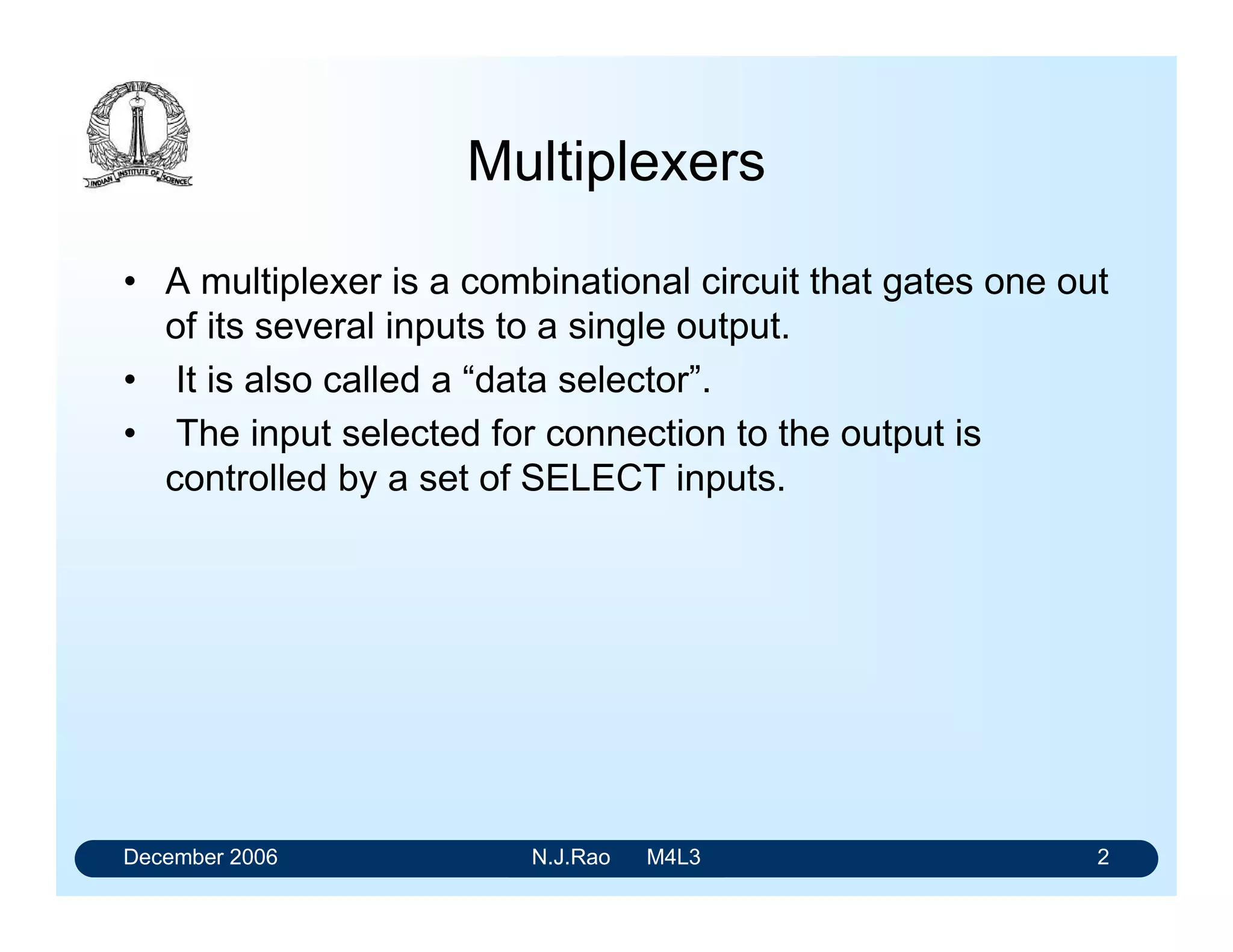 and 20 µA respectively in the case of 74LS38. The maximum value of the load
resistor is calculated from the relationship given below:
RL(max) =
VCC −VOH(required)
n.IOH +m.IIH
with n = 4, m = 3 and VCC = 5 V and VOH (required) = 2.7 V the maximum value of
RLis 2170 ohms. A greater value will result in the deterioration of the High state
voltage value. The minimum value of RL is found by considering Low state at the
output of the paralleled gates as shown in the figure 5. RL is permitted to drop a
maximum voltage dictated by the noise margin in the Low state, which is 400 mV. In
the circuit shown in the figure 5, wherein the worst case situation is indicated, the
output of one gate is in Low state while the outputs of the remaining gates are in
High state. The resistor must be able to maintain the Low level while sinking the
load current from all the gates connected as load.
The minimum value of the load resistor RL may now be calculated from the
relationship given as below:
RL(min)=
VCC −VOL(required)
IOL(capability) −Isink(load)
OC
OC
OC
OC
H
L
H
H
RL
VCC
FIG. 5: OC gates connected for wired-AND operation with their
outputs in Low state
With IOL = 24 mA and IIL = 0.4 mA the minimum value of RL is 201 ohms. The value
of the load resistor may be chosen between RL(max) and RL (min). It is essential to
note that the output impedance of the OC gates will be significantly higher in the
High state due to the pull-up resistor in comparison to that of the gate with the
totem-pole output. This also results in a slightly higher propagation delay.
 