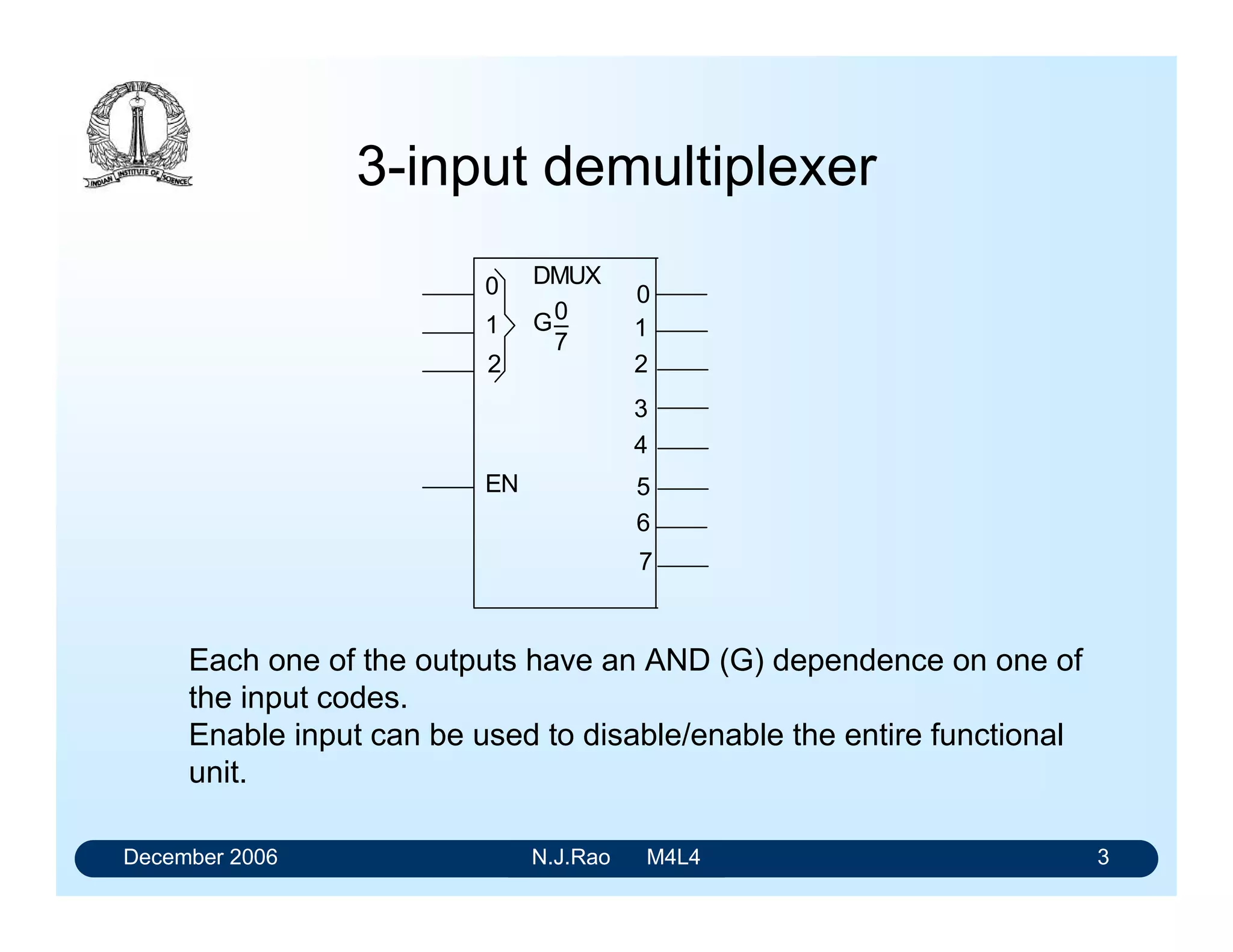 This expression can in turn be rewritten as:
Y = m0(IP0=1) + m1(IP1=0) + m2(IP2=0) + m3(IP3=1) + m4(IP4=0) +
m5(IP5=1) + m6(IP6=1) + m7(IP7=0).
Connect the logic variables A, B, and C to the Select Inputs and binary inputs to the
Data lines of an 8-input multiplexer as indicated in the figure 5. This is a very
general method and it allows any expression of n-logic variables to be realized by a
2n
-input multiplexer.
EN
0
1
2
1
2
3
4
5
6
7
0
G 0
7
MUX
C
B
A
L
H
Y
FIG. 5: Realisation of the function given in example 1
Example 2: Implement the logic expression given below, using 74LS251 (8-input
multiplexer)
Y = Σ (1, 2, 4, 7, 8, 9, 13).
X1 X2 X3 X4 Y X1 X2 X3 Y
0 0 0 1 1 0 0 0 X4
0 0 1 0 1 0 0 1 X4 /
0 1 0 0 1 0 1 0 X4 /
0 1 1 1 1 0 1 1 X4
1 0 0 0 1 0 1 1 X4 /
1 0 0 1 1 1 0 0 X4
1 1 0 1 1 1 1 0 X4
Let X1, X2, X3 and X4 be the four variables of which X1 is the most significant and
X4 is the least significant variable. All variables are considered Asserted High.
Consider the truth table given in the following. A 4-input function can be reduced to
a 3-input function by expressing the output Y in terms of X4.
Y = X4 (0, 3, 4, 6) + X4 /
(1, 2, 4)
= X4 (0, 3, 6) + X4 /
(1, 2) + (1) 4
 