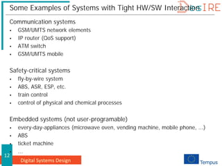 Digital Systems Design
12
Some Examples of Systems with Tight HW/SW Interaction
Communication systems
 GSM/UMTS network elements
 IP router (QoS support)
 ATM switch
 GSM/UMTS mobile
Safety-critical systems
 fly-by-wire system
 ABS, ASR, ESP, etc.
 train control
 control of physical and chemical processes
Embedded systems (not user-programable)
 every-day-appliances (microwave oven, vending machine, mobile phone, ...)
 ABS
 ticket machine
 ...
 