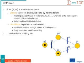 Digital Systems Design
32
Petri Net
 A PN (N,M0) is a Petri Net Graph N
 places: represent distributed state by holding tokens
 marking (state) M is an n-vector (m1,m2,m3…), where mi is the non-negative
number of tokens in place pi.
 initial marking (M0) is initial state
 transitions: represent actions/events
 enabled transition: enough tokens in predecessors
 firing transition: modifies marking
 … and an initial marking M0
t1
p1
p2
t2
p4
t3
p3
 